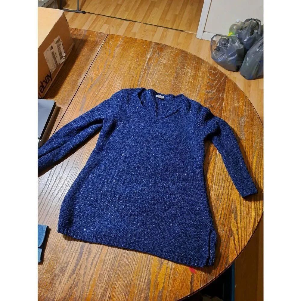 New Small Chicos 0 Blue Glitter Sparkle Embellished Long Sleeve Knit Sweater